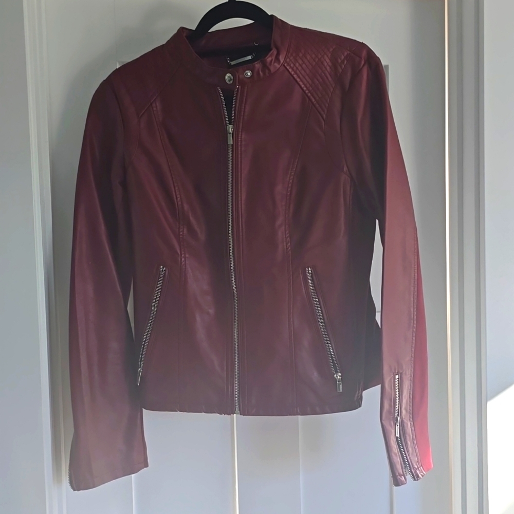 Express Faux Leather Moto Jacket, deep red, size large